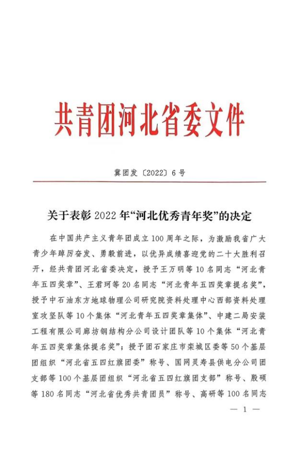 喜报 | 世界杯官网在2022年“河北优秀青年奖”评选中受到表彰