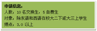 文本框: 申请信息:人数:10名交换生,5自费生对象:除东语和西语在校大二下或大三上学生绩点:3.0 以上