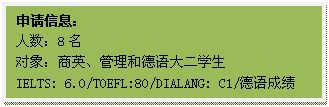 文本框: 申请信息:人数:8名对象:商英、管理和德语大二学生IELTS: 6.0/TOEFL:80/DIALANG: C1/德语成绩