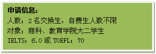 文本框: 申请信息:人数:2名交换生,自费生人数不限对象:商科、教育学院大二学生IELTS:6.0或TOEFL:70